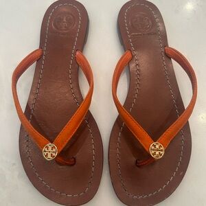 Tory Burch Orange and Brown Sandals with Gold Medallions